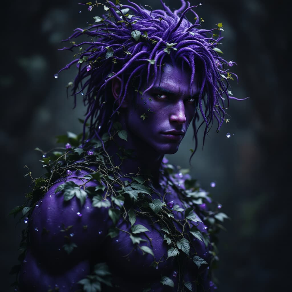 AI generated: full body portrait of a purple-skinned male with wild hair, covered in vines and leaves, a lot cryst...