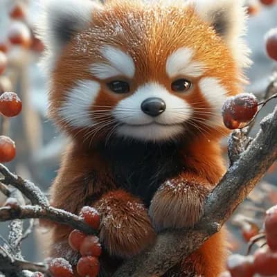 AI generated video: Ultra-cute fluffy red panda perched on a snow-dusted tree branch surrounded by frosted red berries, ...