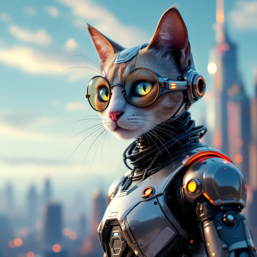 AI generated: Un gato futurista proveniente del año 3000 en adelante, con un diseño avanzado y vanguardista. con u...