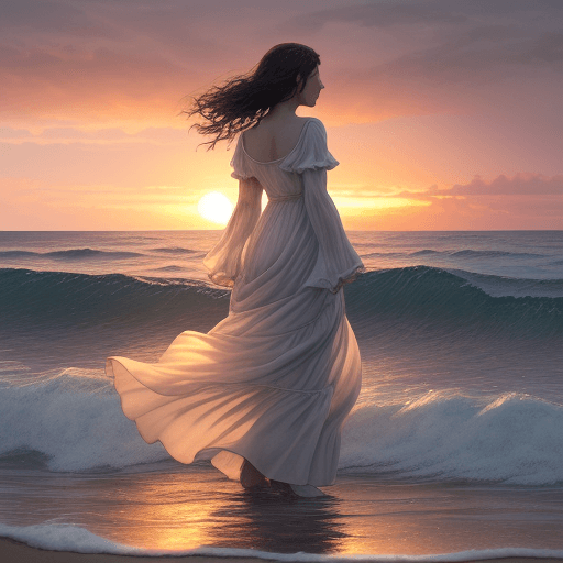AI generated: The image features a woman standing in the beach, small waves, highly detailed, HRD CLoud, extreme w...