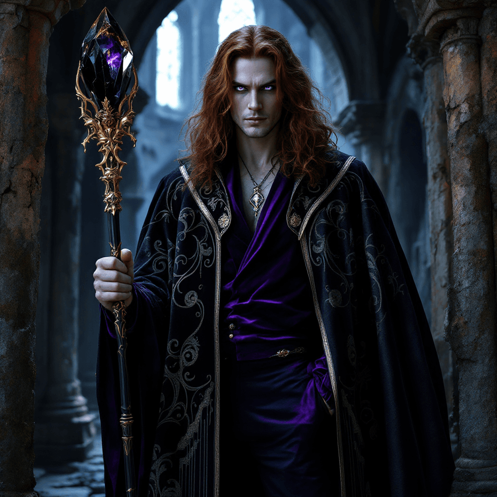 AI generated:  A mysterious sorcerer with long, dark auburn hair, parted down the middle and styled in gentle wave...