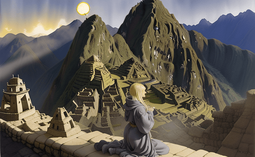 AI generated: a realistic and atmospheric watercolor fantasy concept art of a golden ufo hovering above machu pich...