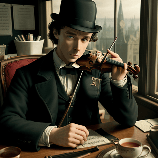 AI generated: 35-year-old Sherlock Holmes playing violin in his cubicle. Furniture in the style of the time, Engla...