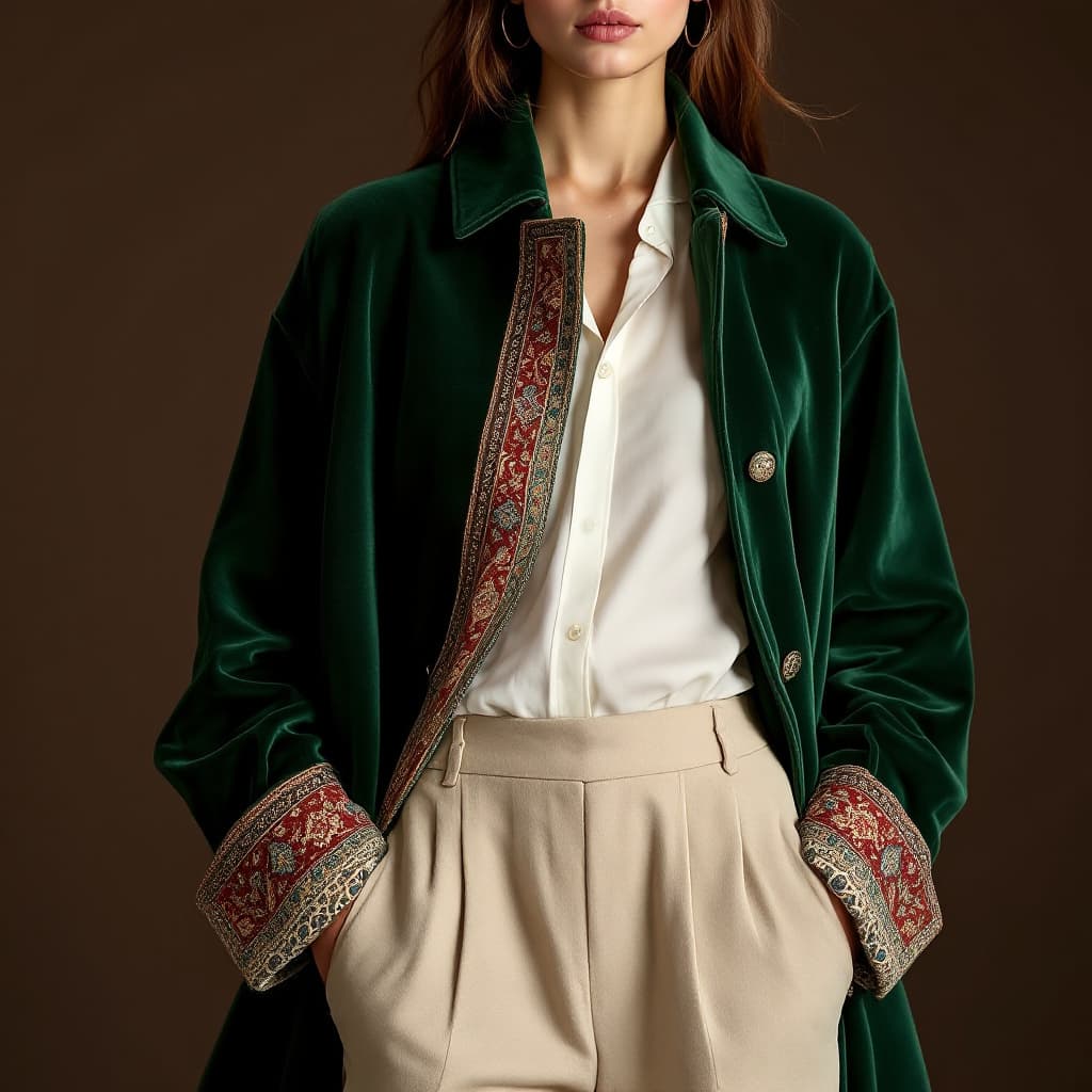 AI generated: fashion cover, front view, upper-body, A woman model, dark brown background , A green velvet coat wi...
