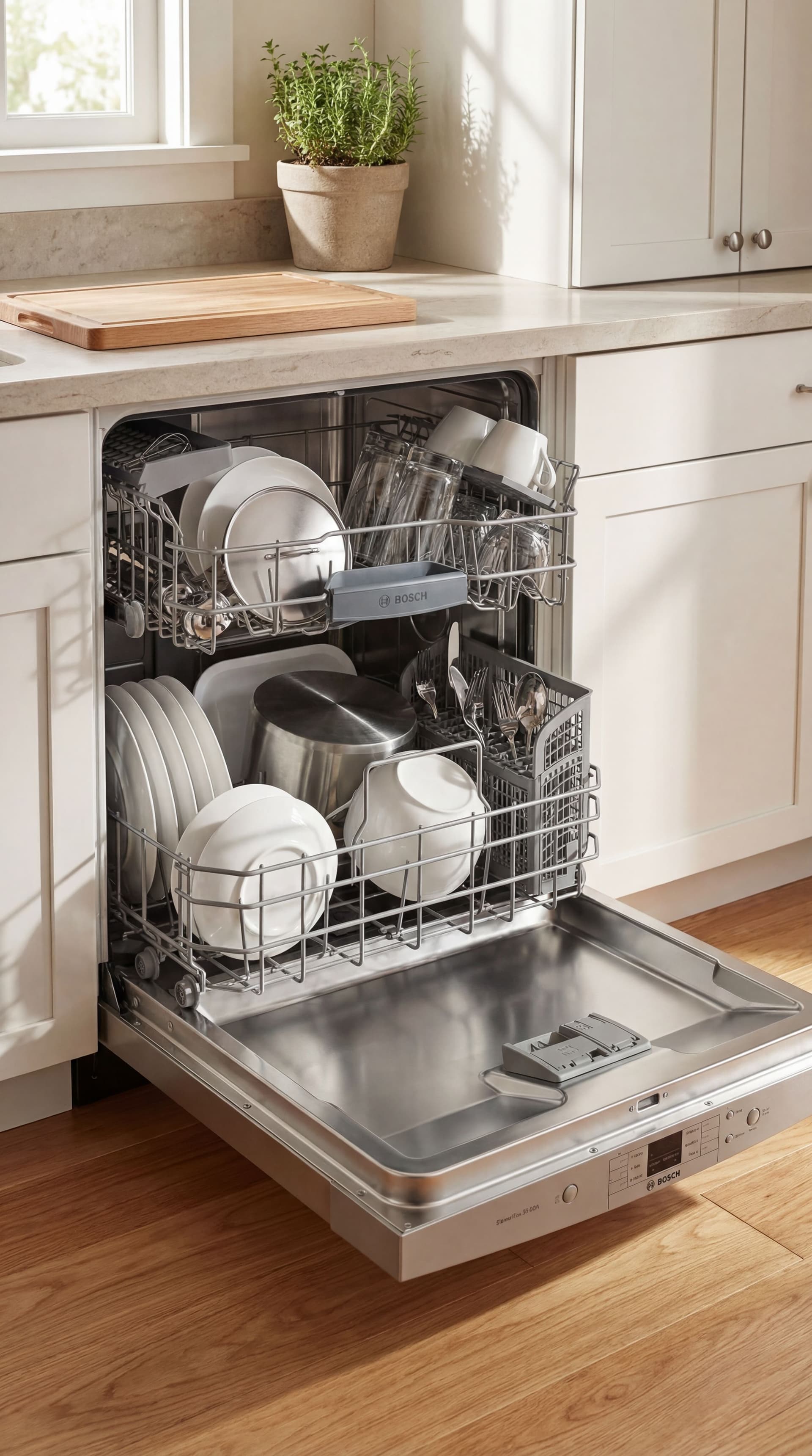 AI generated: Create  Bosch SHEM3AY55N 100 Series Dishwasher 24'' Stainless Steel Shem3Ay55N Make photo realistic ...