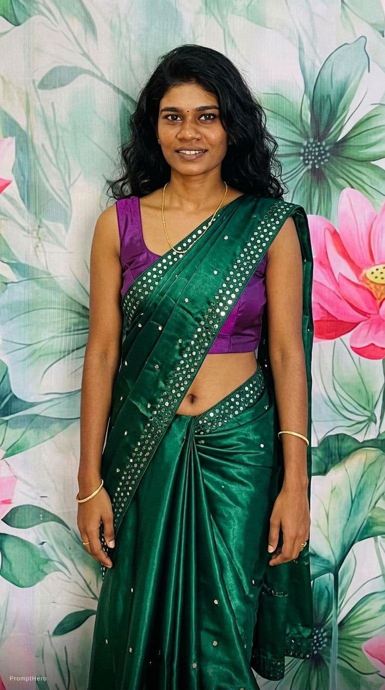 AI generated: Tamil girl. modern sexy glossy mirror saree, wearing saree saree saree model. glossy mirror saree Na...