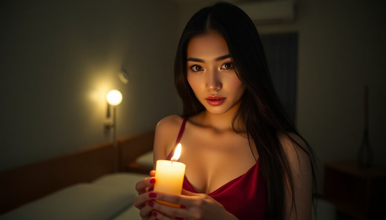 AI generated: In a damp, run-down motel room， a stunning Asian model with long black hair, wearing dark red spaghe...