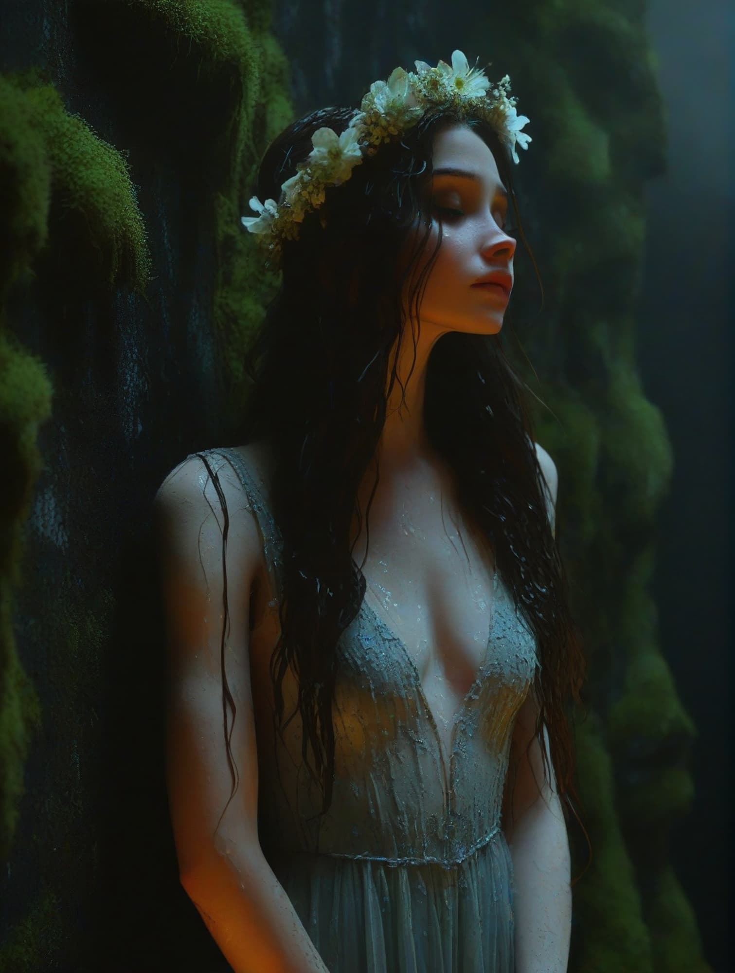 AI generated: From below view. Low warm backlight, misty scene of a woman with long hair with flowers crown, she s...