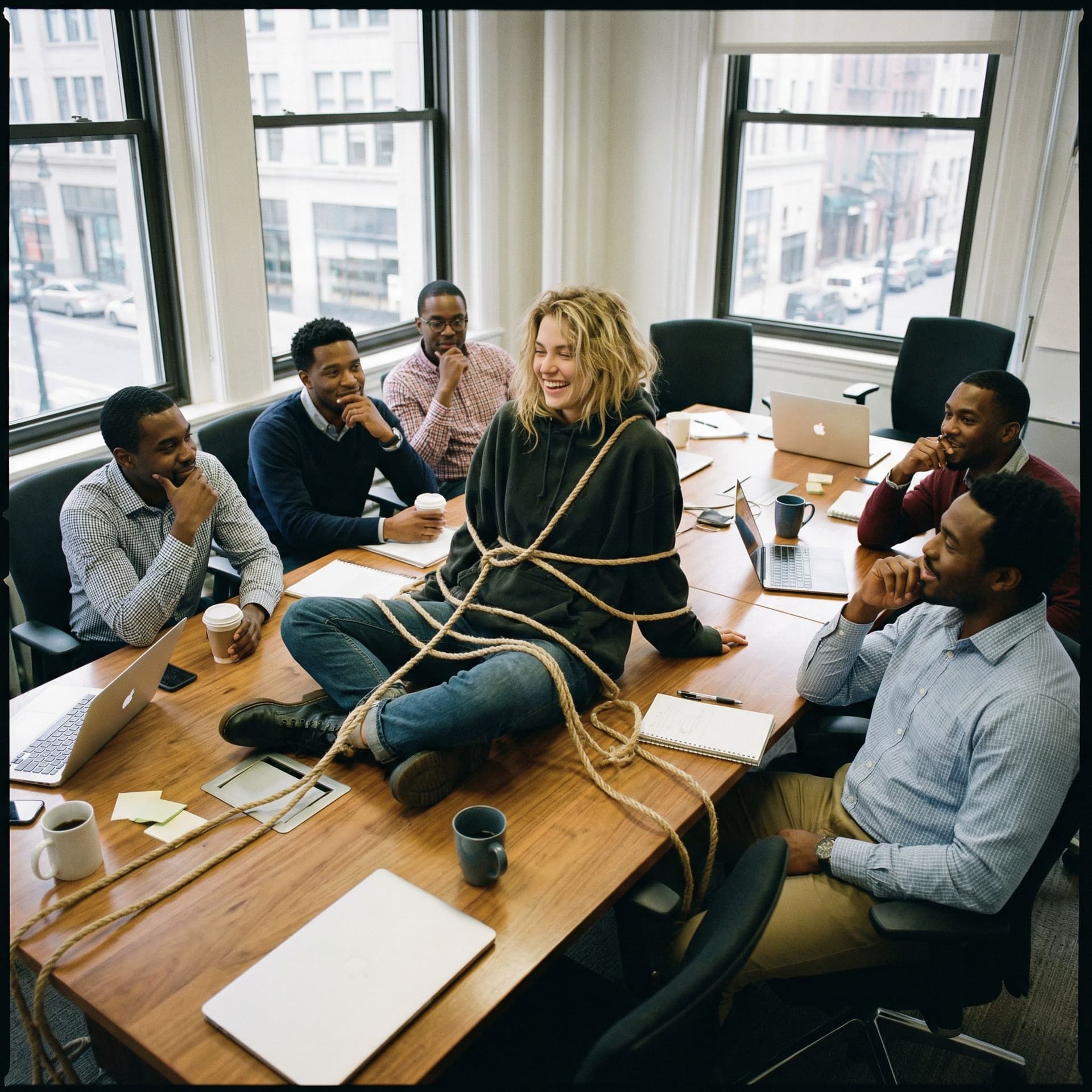 AI generated: Casual, candid photo of people in an office conference room. The layout is horizontal. A 18yo woman ...