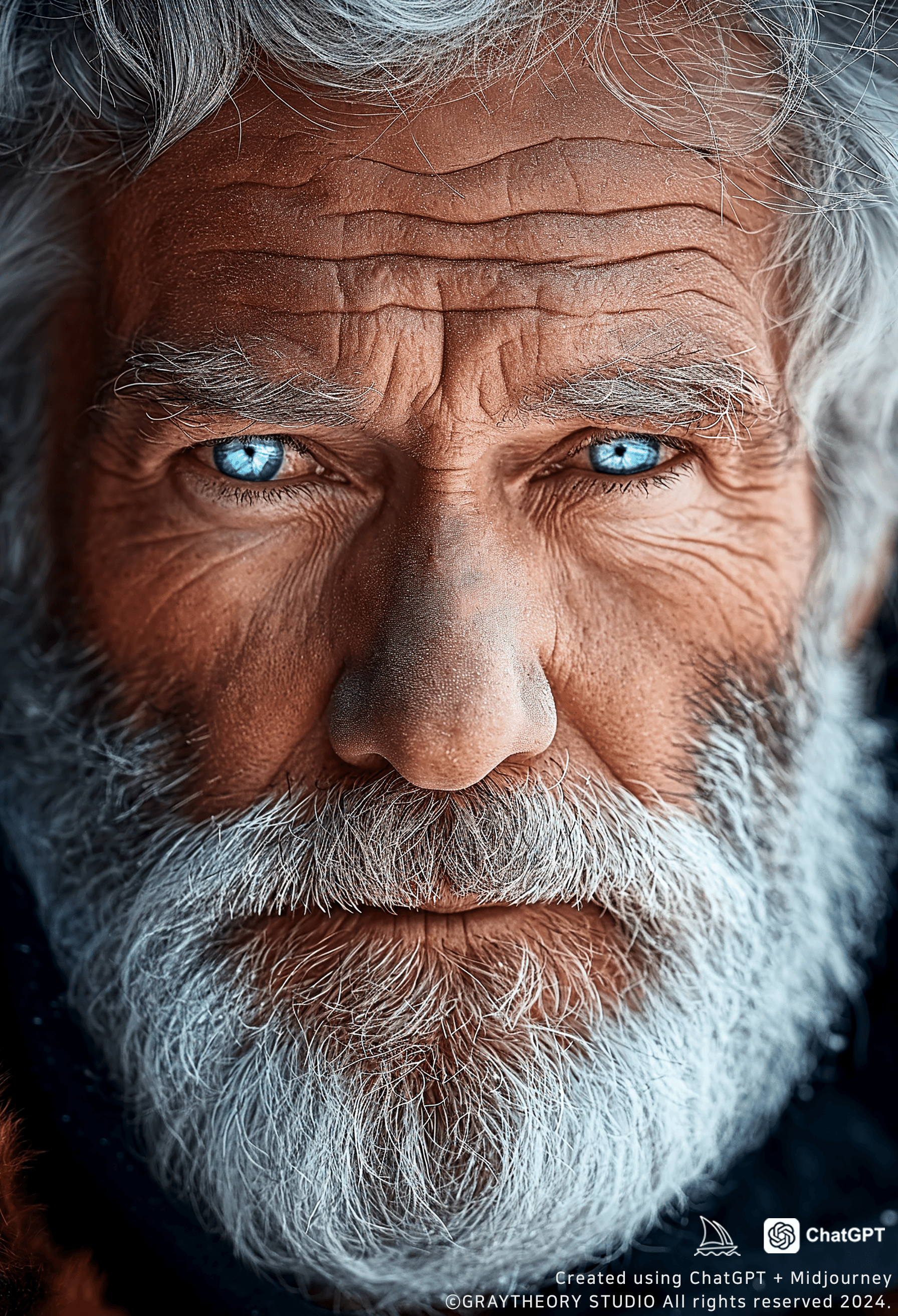 AI generated: photo of an elderly male model, silver hair, 250mm f/5.2 lens, warm gold and brown tones, soft-focus...