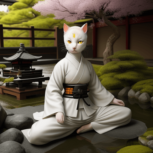 AI generated: a samurai yellow with white cat::3 wearing techwear samurai armor::2 japanese garden::2, in the styl...