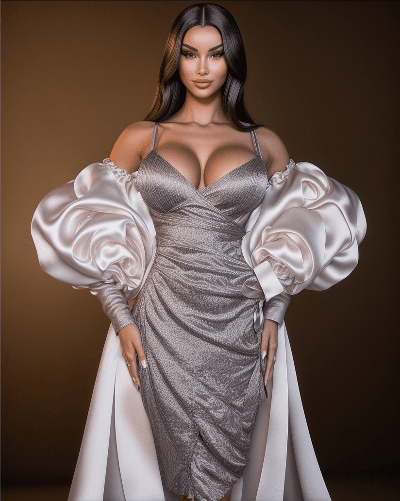 AI generated: masterpiece, ann3l3s3milton, ((full body pose:1.3)), realistic photo((sexy grey satin evening dress:...