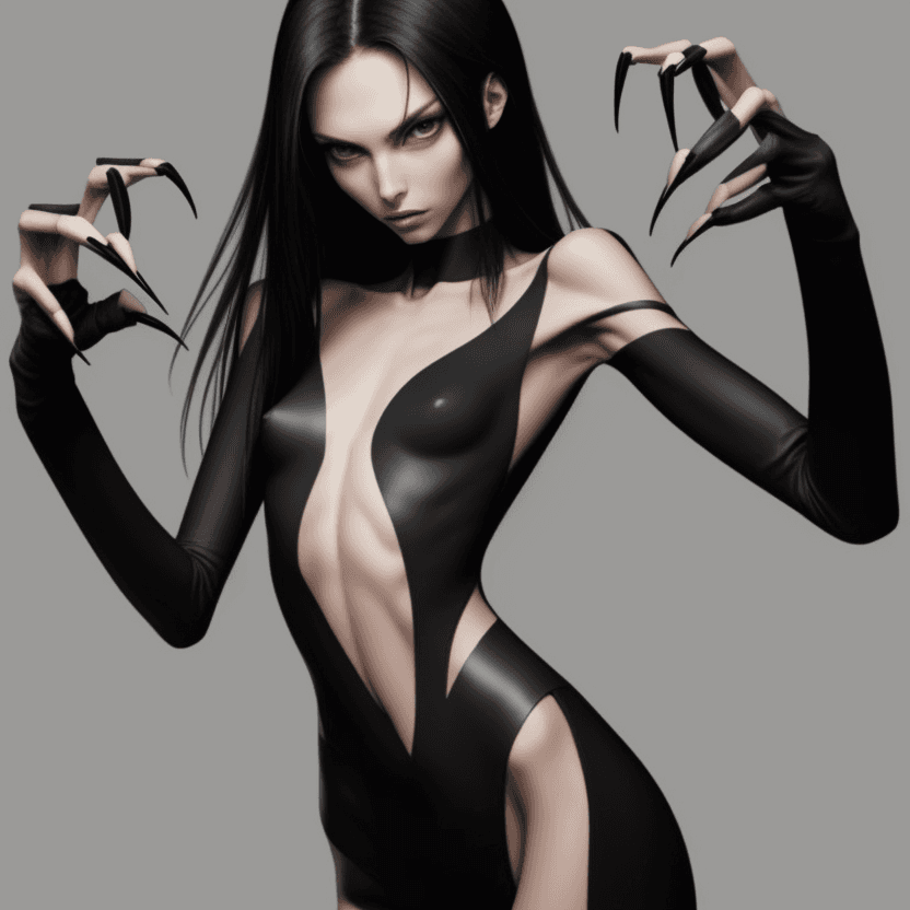 AI generated: photo of face an extremely skinny, flat-chested models with long black curved fingernails, claws,