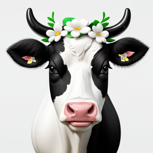 AI generated: cute painting of a black and white cow with flowers in its hair, white background, detailed cartoon,...