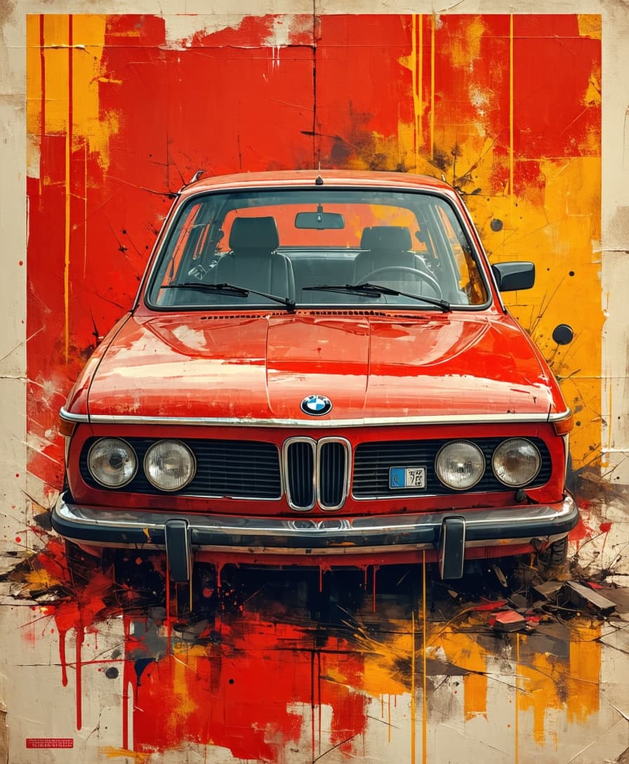 AI generated: bmw serie 3 vintage poster,in the style of rustic simplicity,gritty reportage,kombuchapunk,rusty deb...