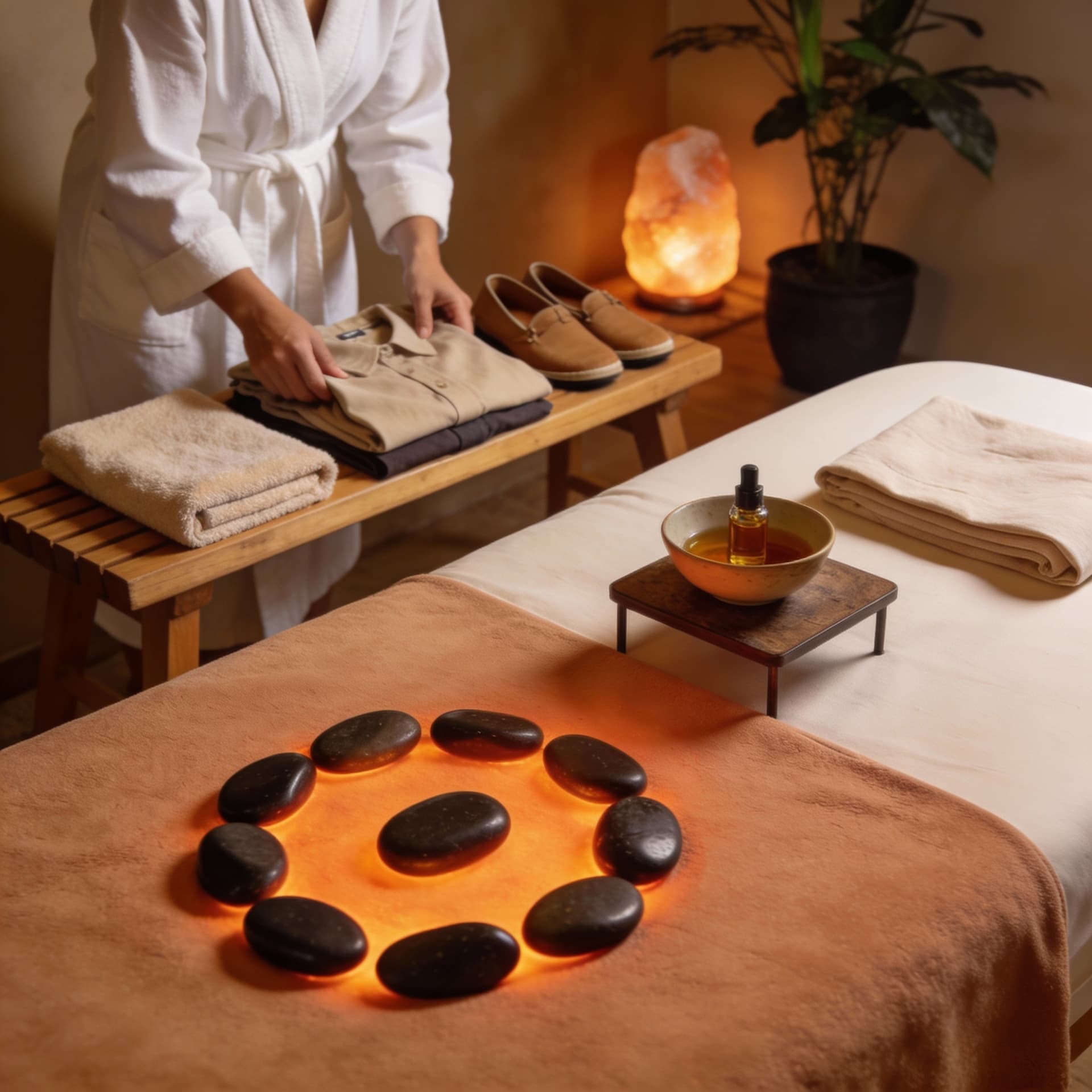 AI generated: Massage provider taking care of clients clothes shoes and setting the scene for relaxing healing ses...