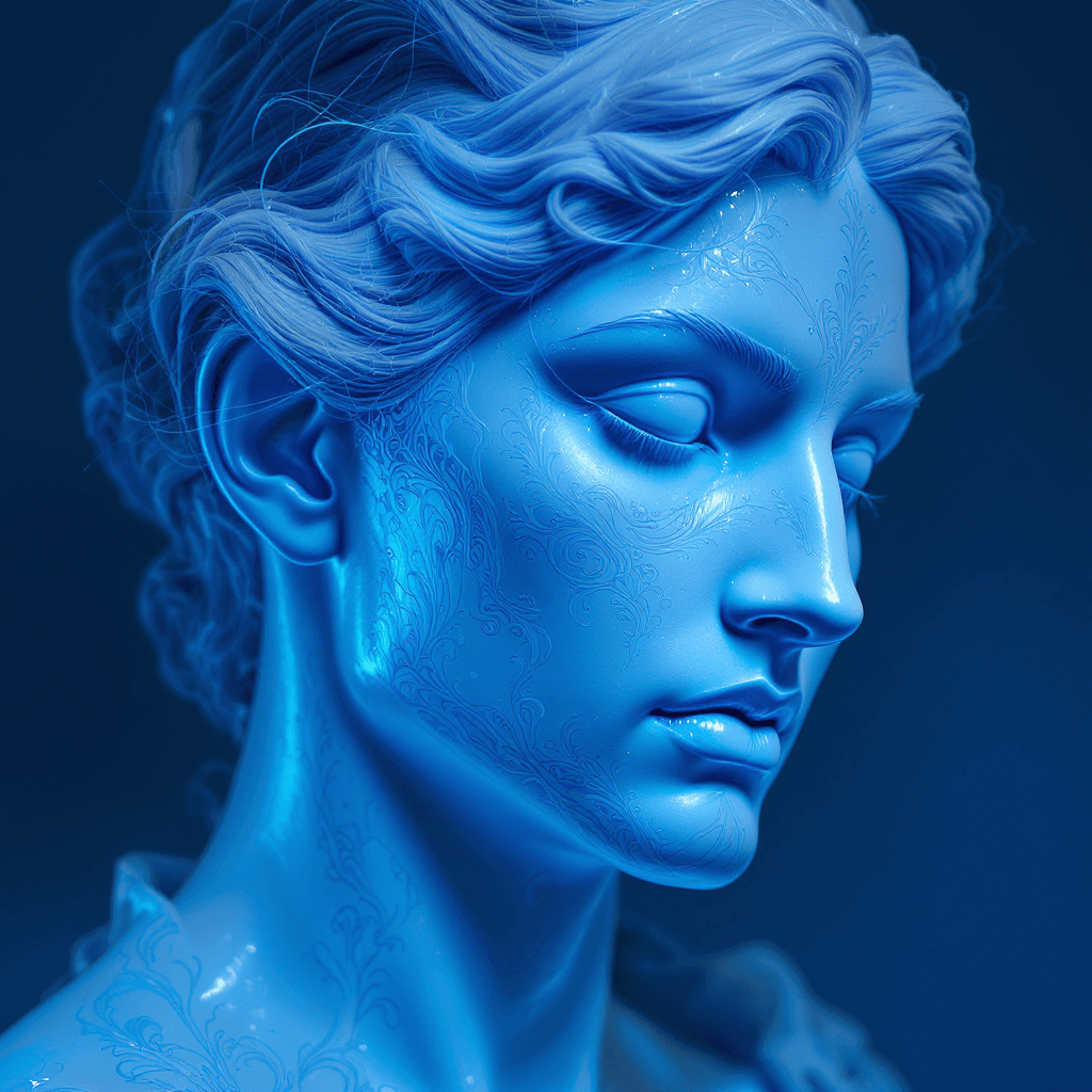 AI generated:  Hyper-realistic vivid digital art. Close up. Blue abstract head with classic Scandinavian features ...