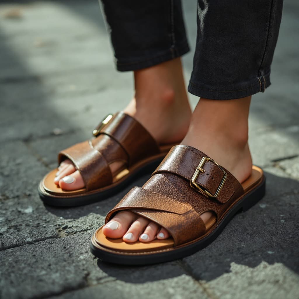 AI generated: ultra-realistic photo concept flat sandals  of an shoe, in the urban luxury style photography, shot ...