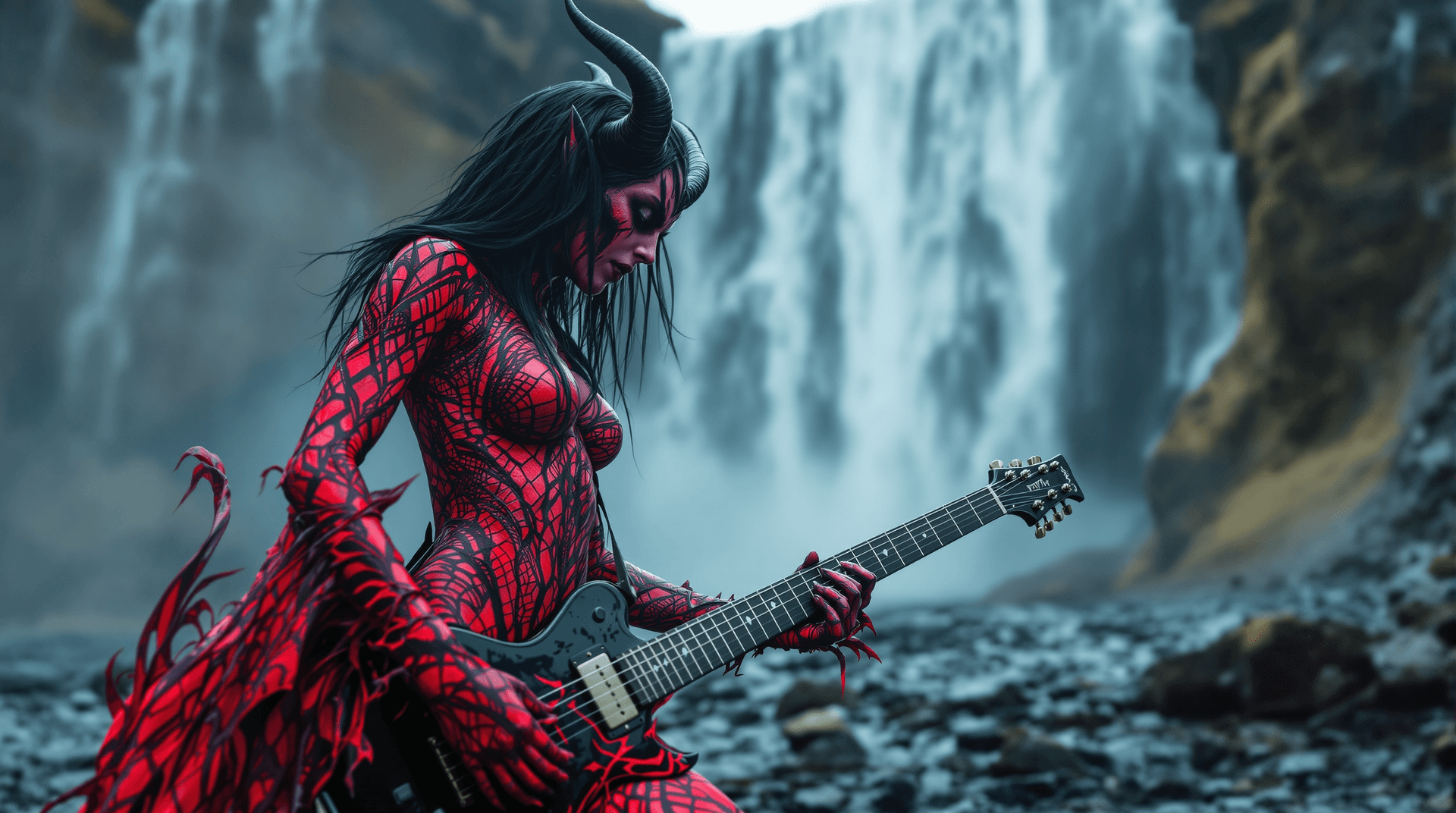 AI generated: Cinamati scene, Full frame - wide angle, distant photo from low angle of a female .  A badass additu...