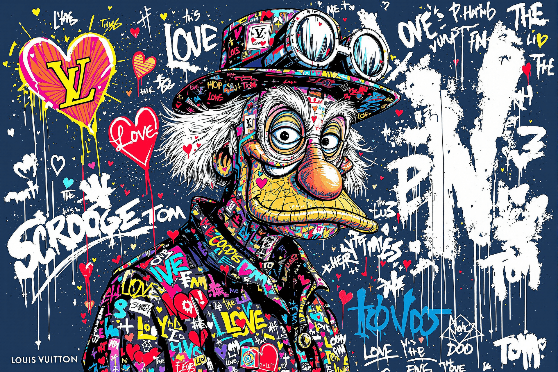 AI generated: A very stylish and colorful cartoon illustration of the character Scrooge Tom  in made of colorful g...