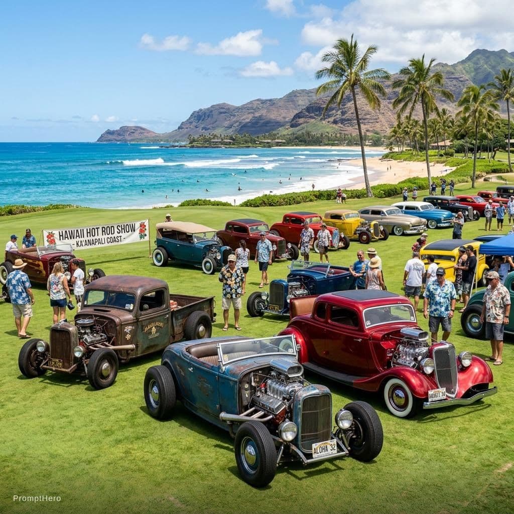 AI generated: Hot rods and jalopies were made from different cars combined for power, speed and unique looks. Need...