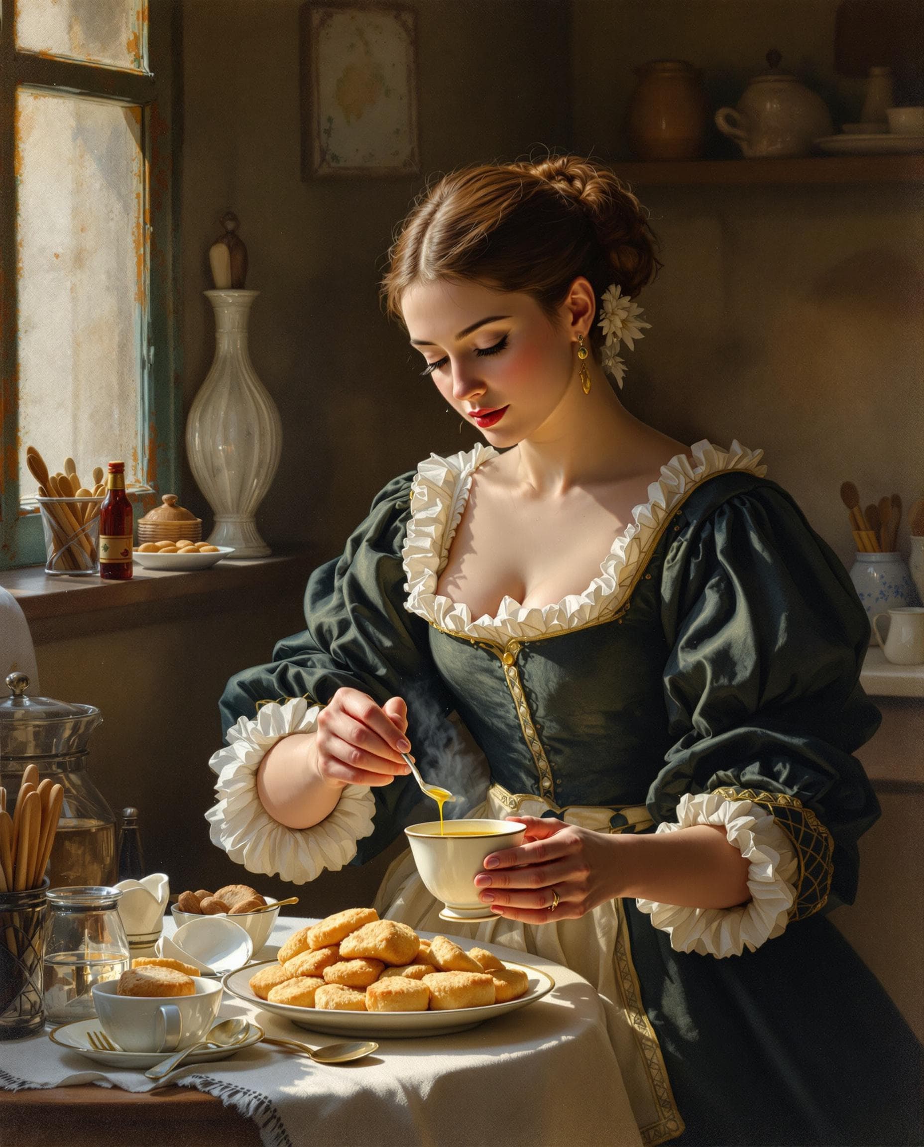 AI generated: Uma pintura em estilo barroco holandês de uma jovem leiteira em roupas tradicionais do século XVII, ...