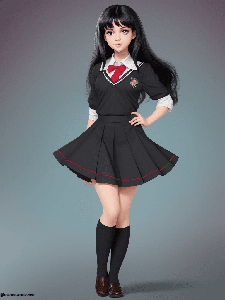 AI generated: black hair, disney style, cute, pretty, fantasy, school uniform, classic