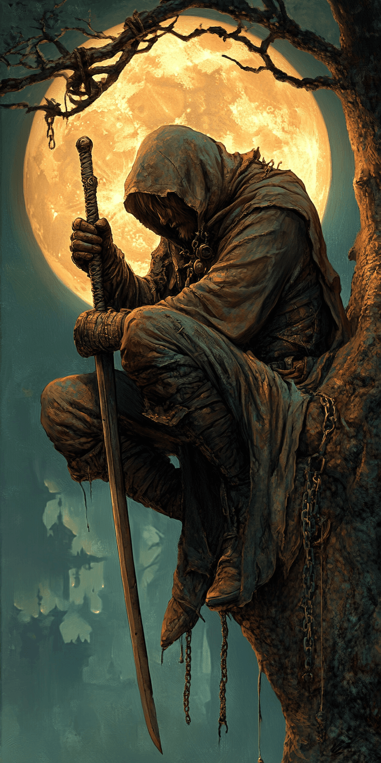 AI generated: A hooded figure sits on the edge of an old tree, holding a sword in one hand, under a full moon, fan...