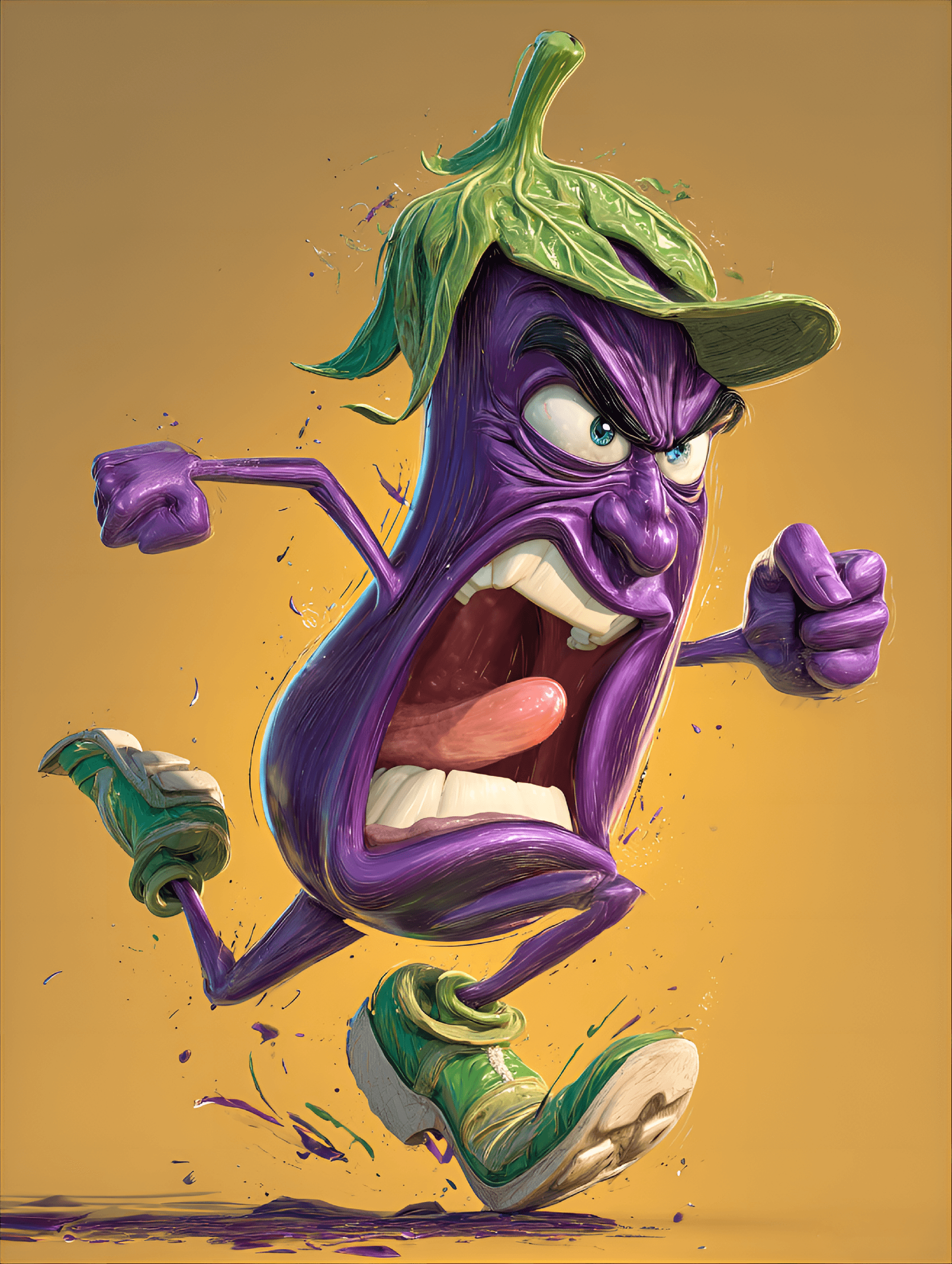 AI generated: funny caricature, angry eggplant caricature, animated eggplant, ageless, with deep purple skin, furr...