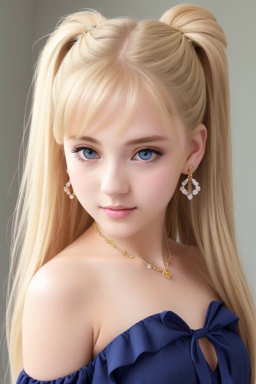 AI generated: 1girl, backlighting, bangs, bare shoulders, blonde hair, blue dress, blue eyes, crescent, crescent f...