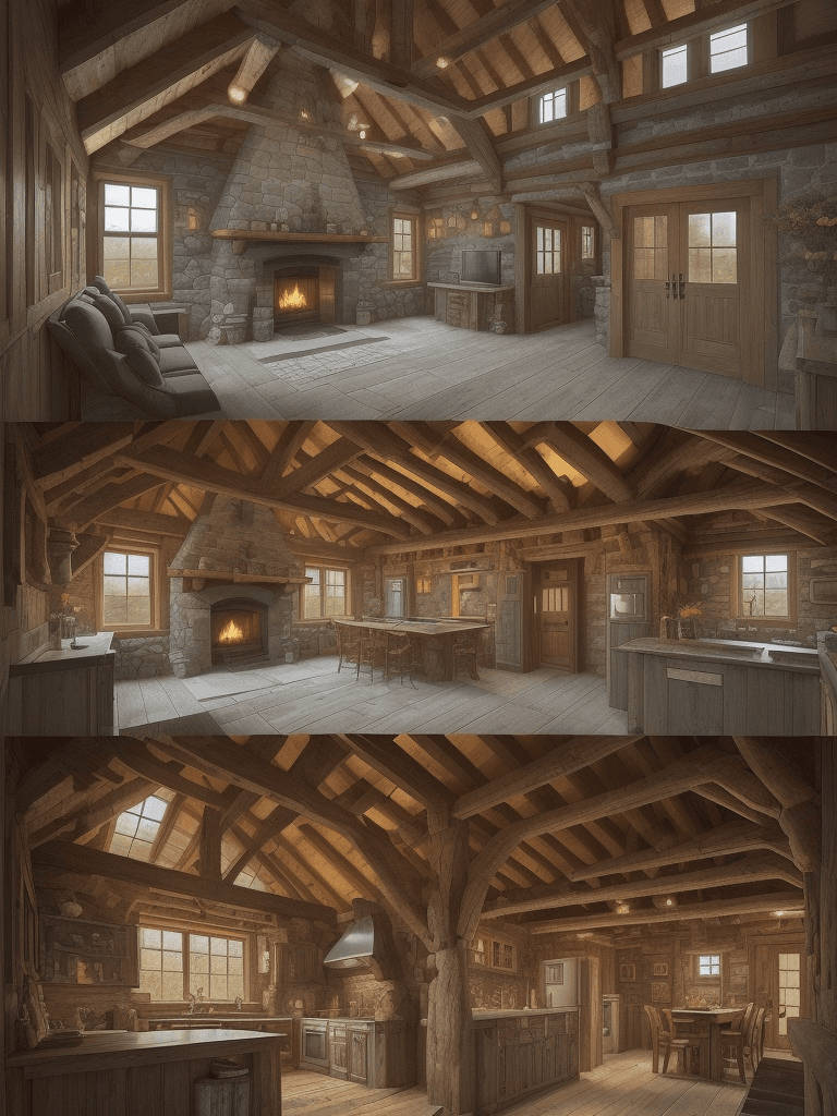 AI generated: A digital architectural blueprint of a cozy, rustic cottage house, with comprehensive labeled sectio...