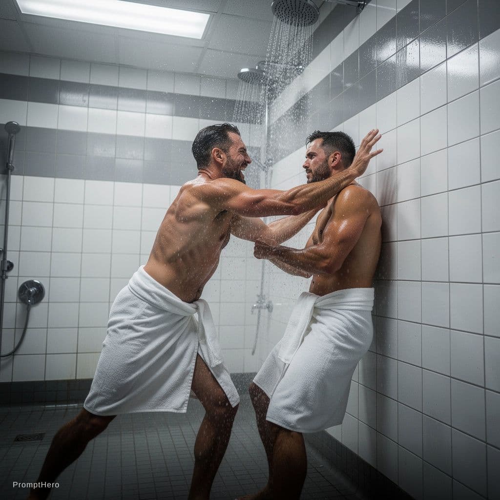 AI generated: 2 men fighting in the showers, flaccid penises