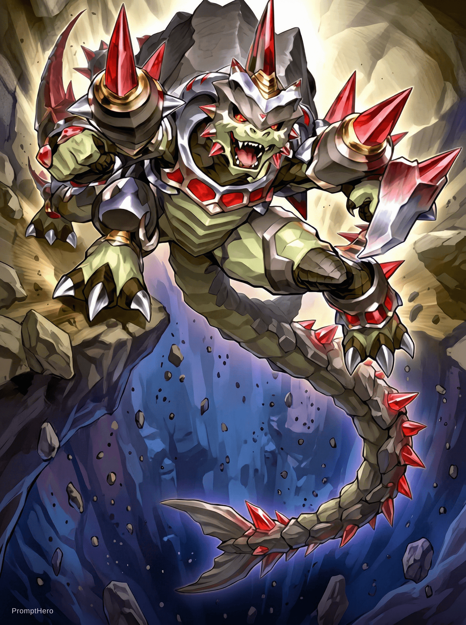 Nano Banana prompt: 合理精细化和高清化并缩小该图片1，去除卡面文字，根据现有的图片元素拓宽边界。构想让图中的怪兽的场景完...