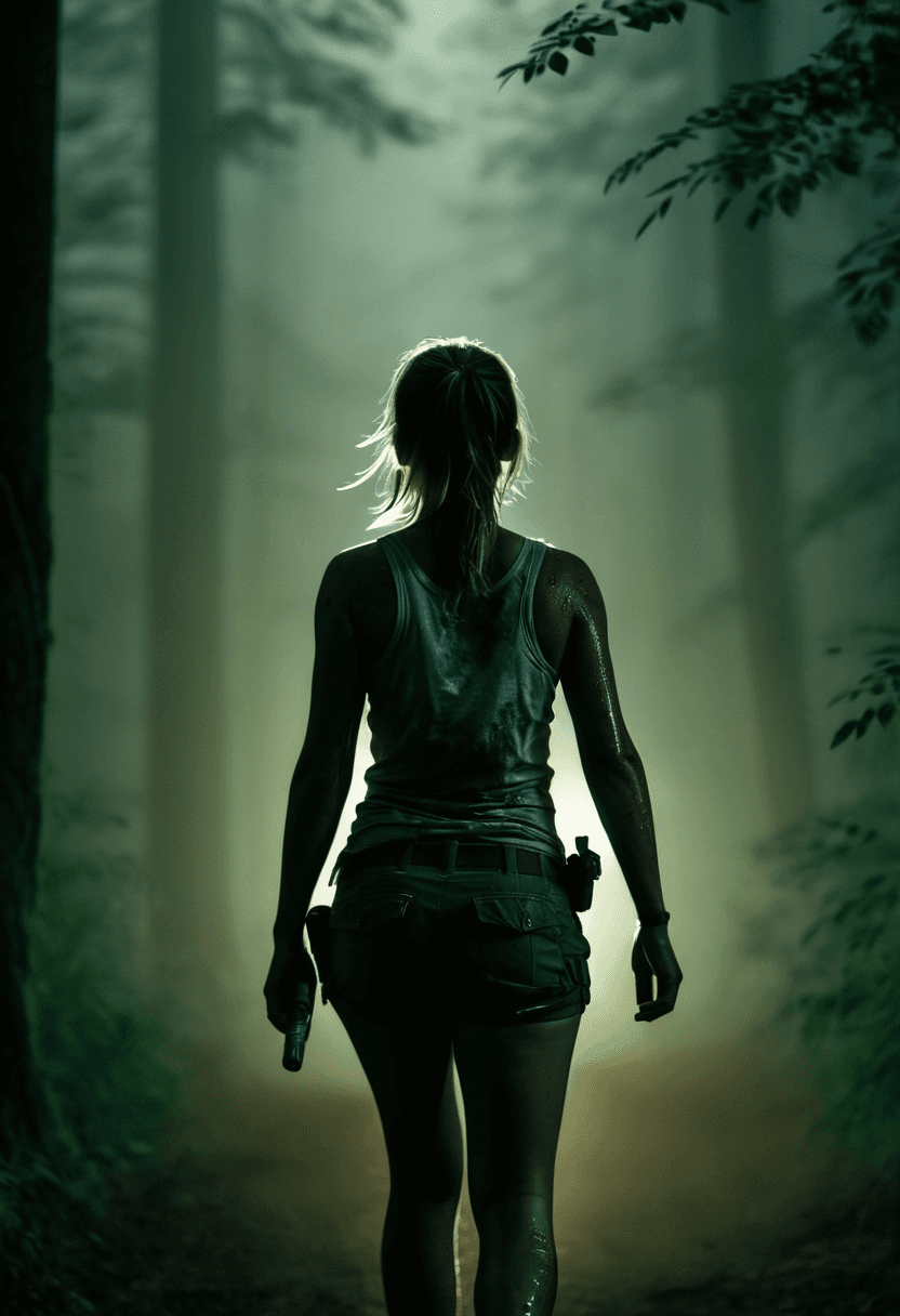 AI generated: This is a night vision photograph of a dirt trail through a dark forest late at night. There is a mi...