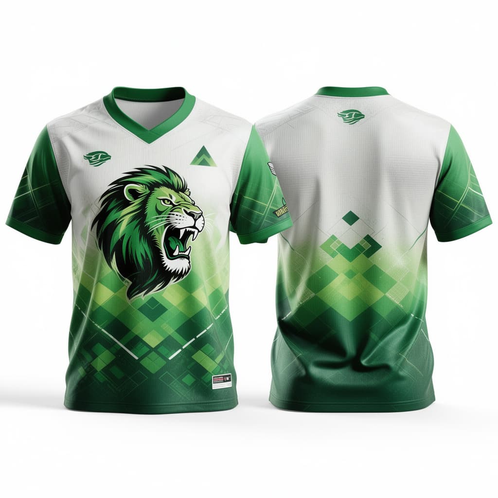 AI generated: Camiseta de imitación por detrás y delante con formas geométricas temáticas de verde, camiseta estil...