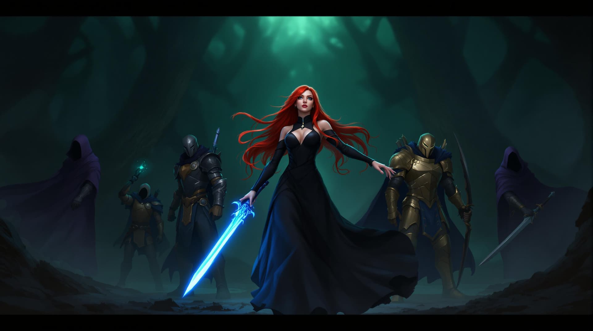 AI generated: a wide-angle shot of a fantasy scene with a woman at the center, surrounded by four other characters...