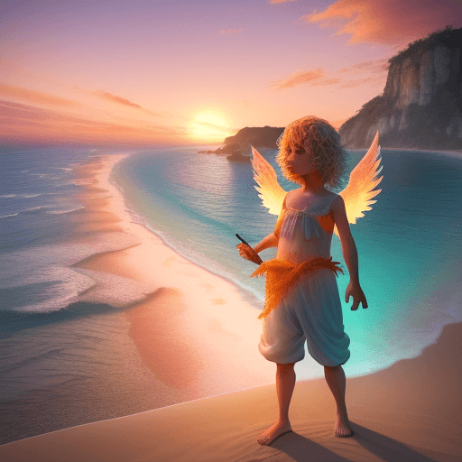 AI generated: "Quero uma ilustração 3D realista de um anjo guerreiro em uma praia, sentado na beira de uma montanh...