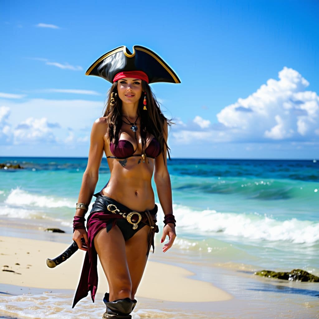AI generated: 25 years old pirate girl getting out from the beach wearing a minimal bikini