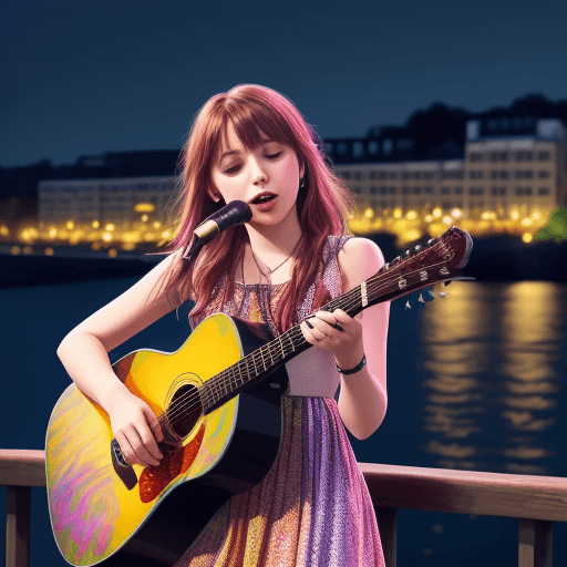 AI generated: Unplugged Music Band , colorfull , night theme , a girl singing a song , restaurant , riverview back...