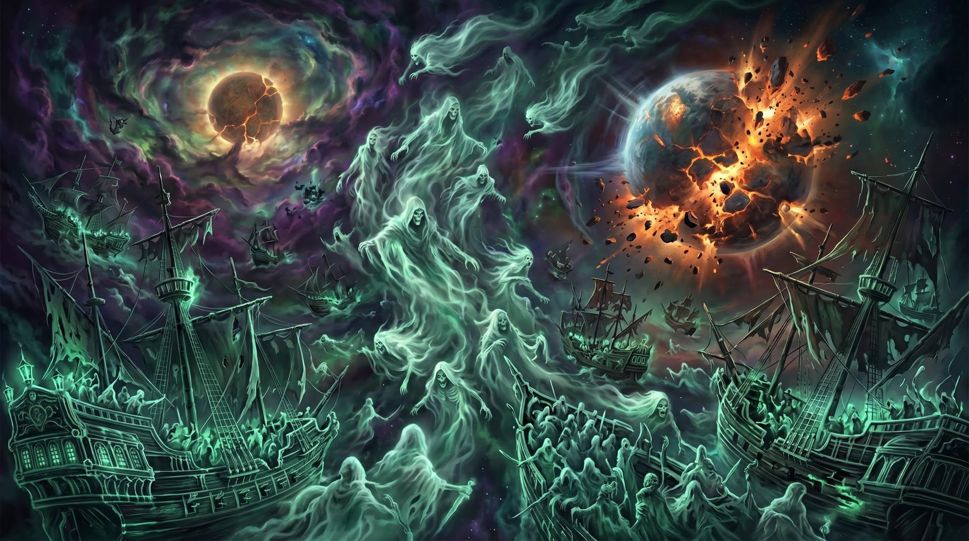 AI generated: Army of Necromantic phantasmal Wraiths, rising from the depths of the Apocryphal Abyss Nebula, ghost...