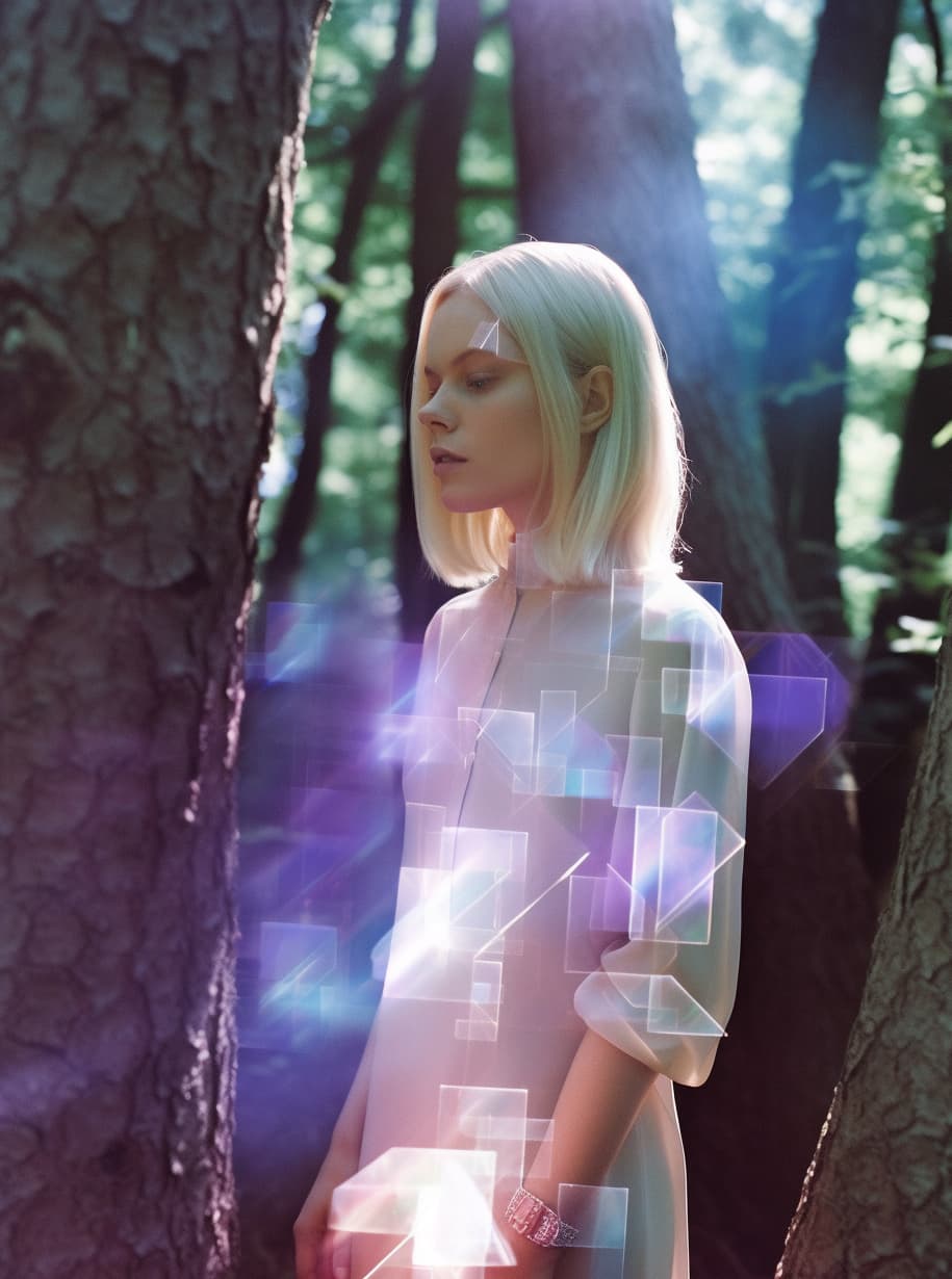 AI generated: a woman standing next to a tree in a forest, dichroic prism, margiela campaign, david hamilton, insp...