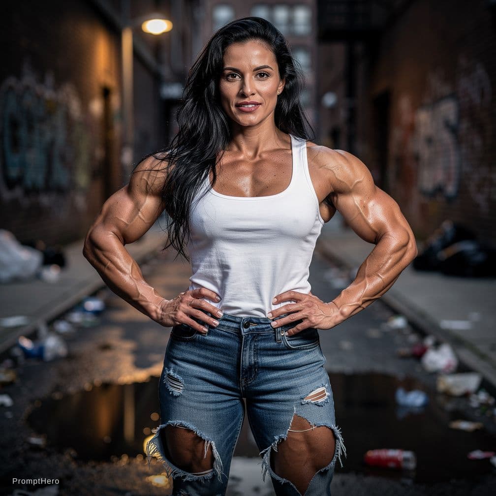 AI generated: Hyperrealistic art sharp focus, detailed edges, beautiful woman face, A perfect photo of a muscular ...