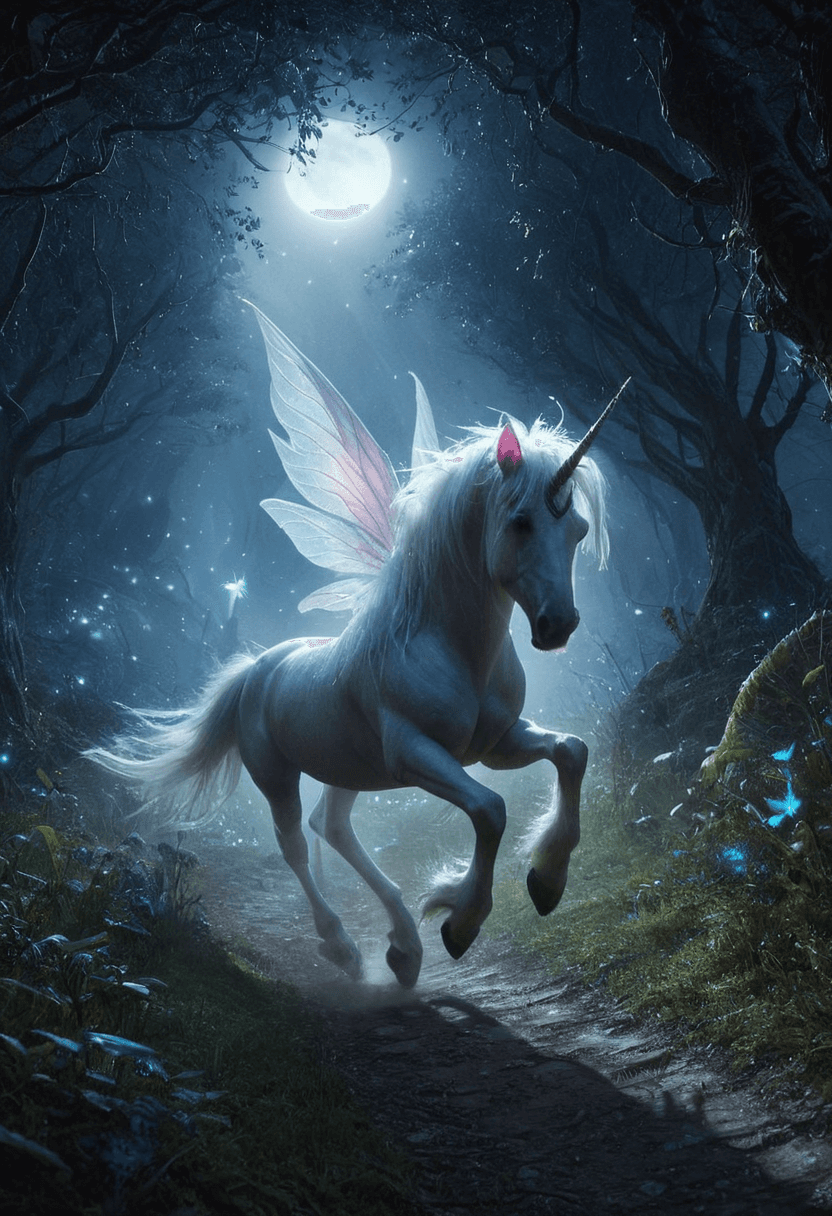 AI generated: realistic,highres,<lora:Fantasy_Monsters_XL:1>,A unicorn gallops through an enchanted forest at full...