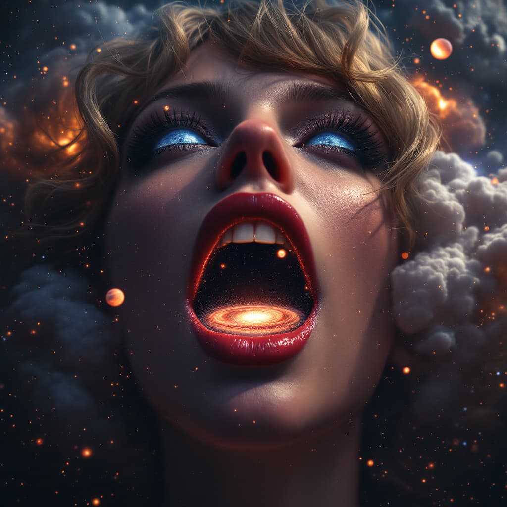 AI generated: enormous giantess taylor swift bigger than a galaxy floating in space, minuscule galaxy in front of ...