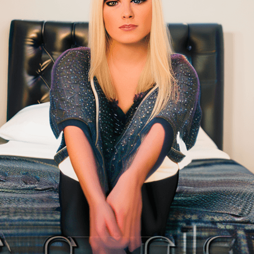AI generated: pretty blonde sitting on bed in bedroom hyper breasts