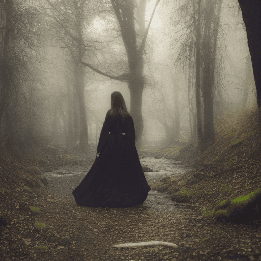 AI generated: woman walking toward me through a stream, long dress, forest, dark, mystical, fog