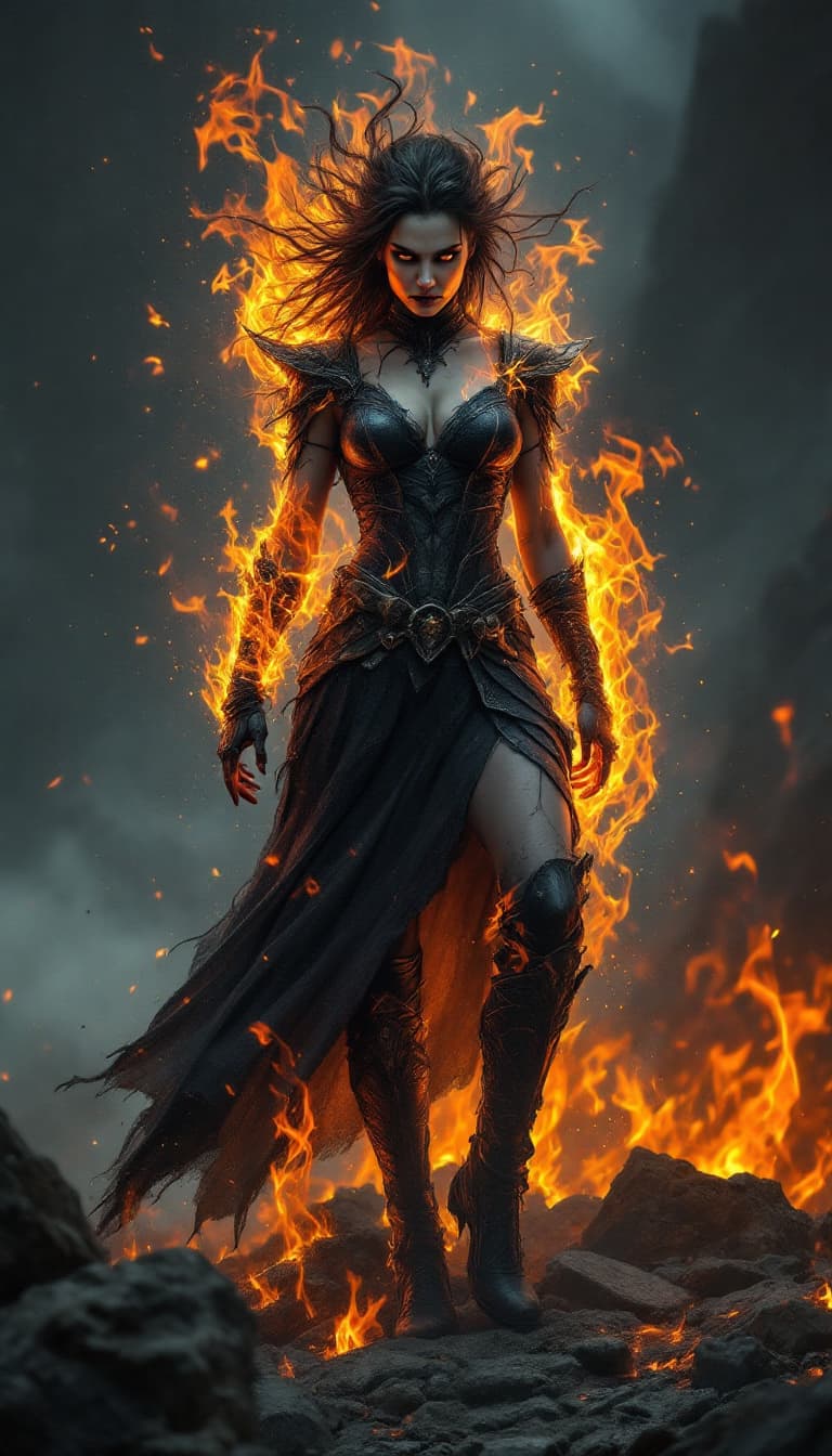 AI generated: Envision a fully body portrait o wendy  the witch as   super hero rising from the ashes, standing on...