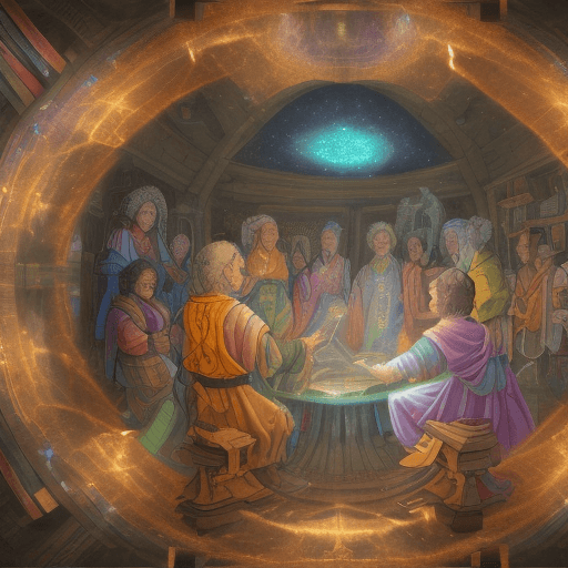 AI generated: A diverse group exchanging knowledge through glowing books, scrolls, and holograms. Imagine people o...