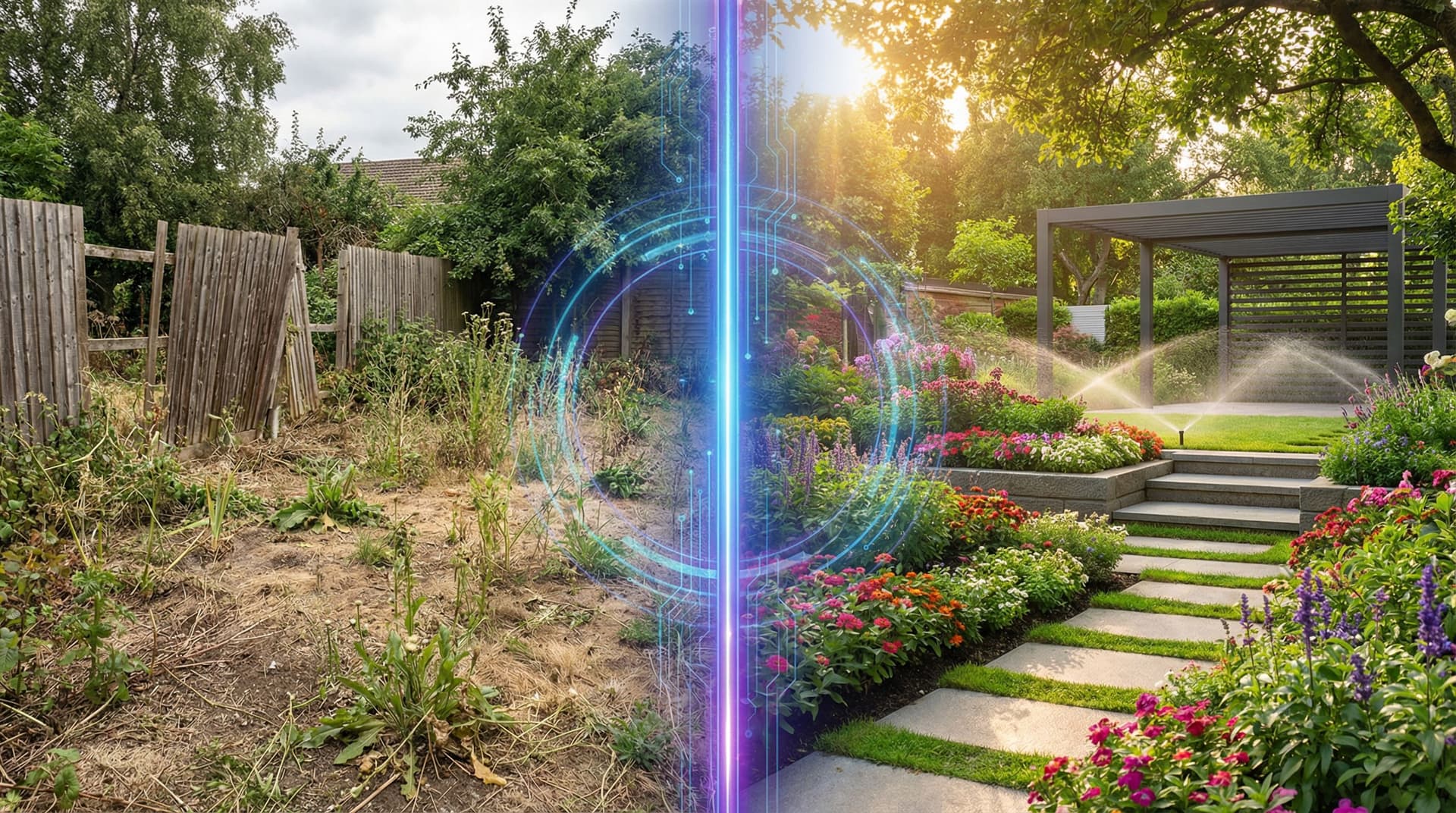 AI generated: High-impact AI tool thumbnail showing a garden transformation. Split image with a vertical glowing d...