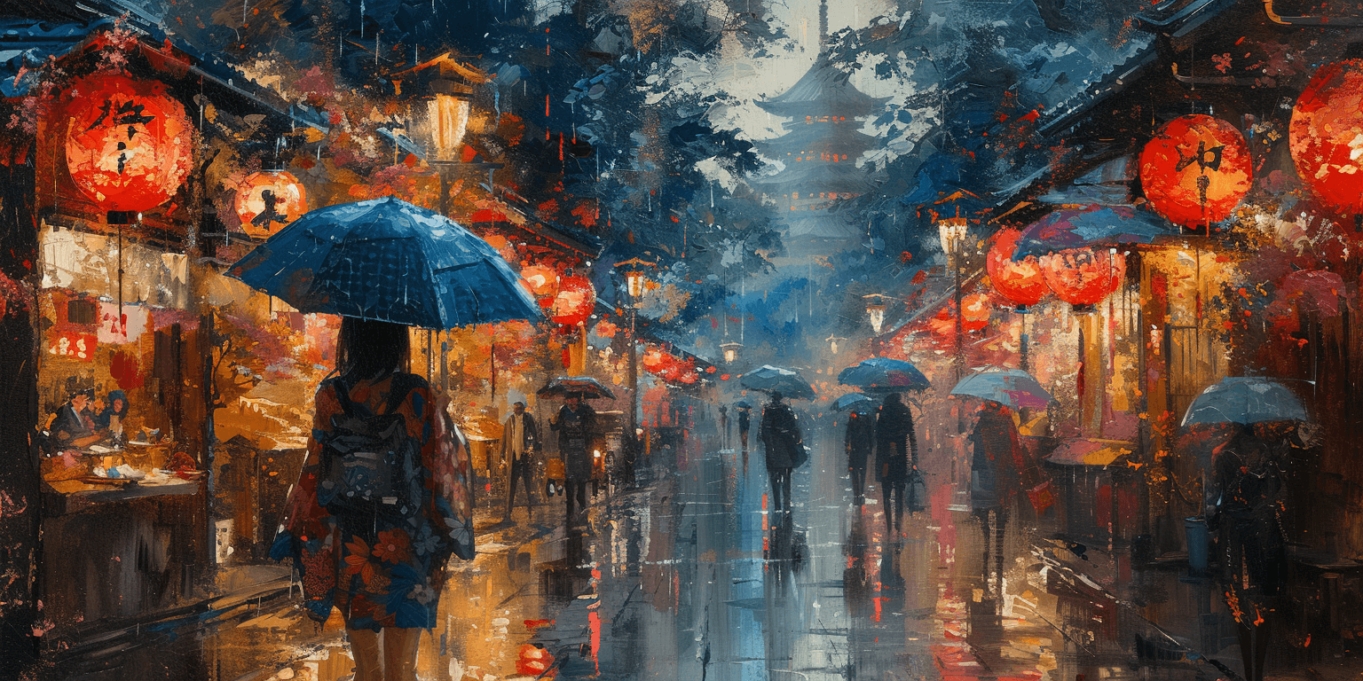 AI generated: kyoto, walking tour japan, in the style of hinchel, villagecore, manga-influenced, spiritual resonan...